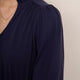 Close up of model collar and ric-rac detail on navy dress