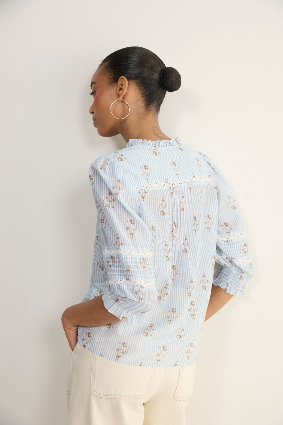 Riley Blouse - Blue/Ivory Stripe Floral
