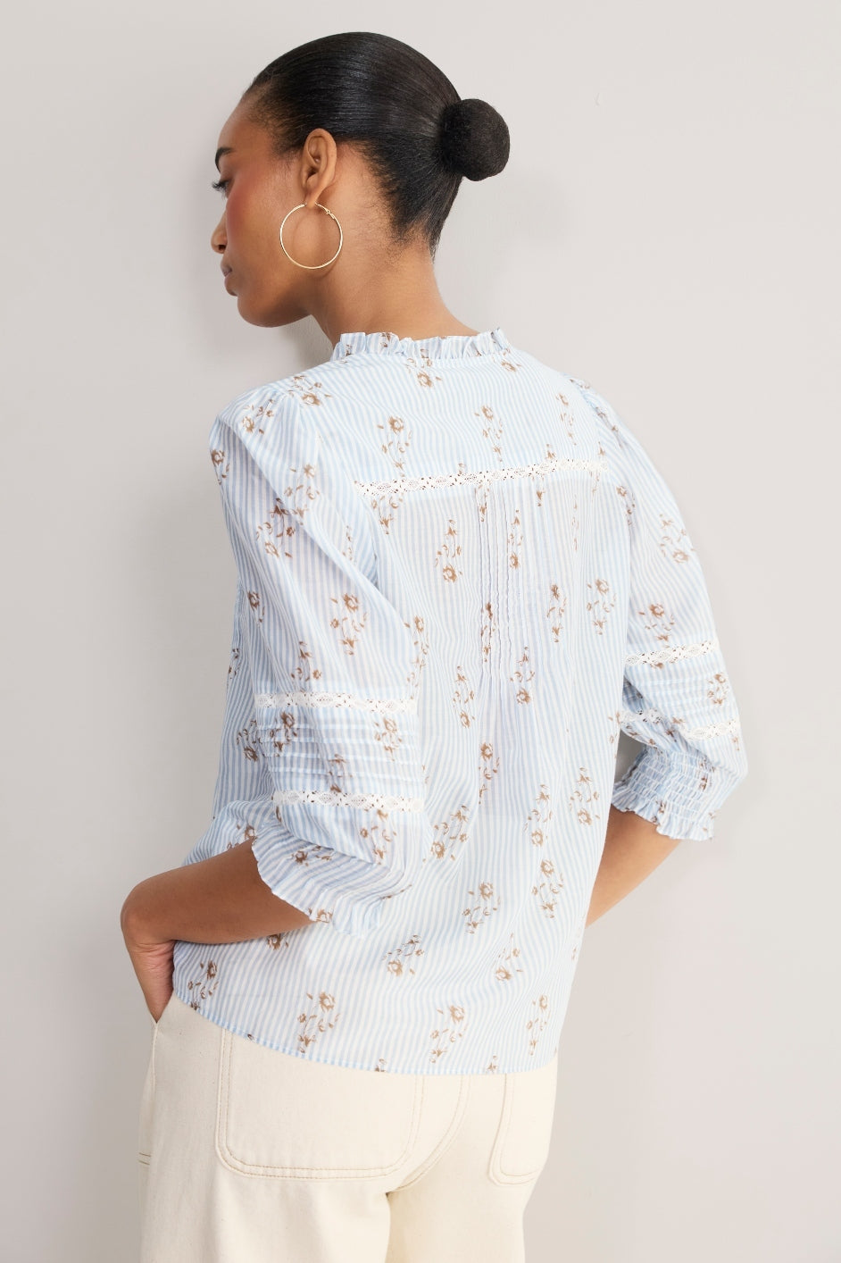 Riley Blouse - Blue/Ivory Stripe Floral
