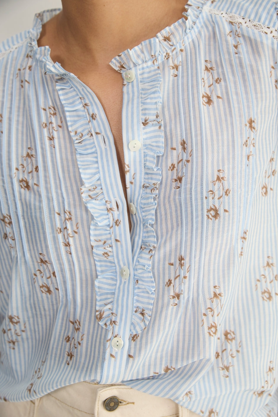 Riley Blouse - Blue/Ivory Stripe Floral