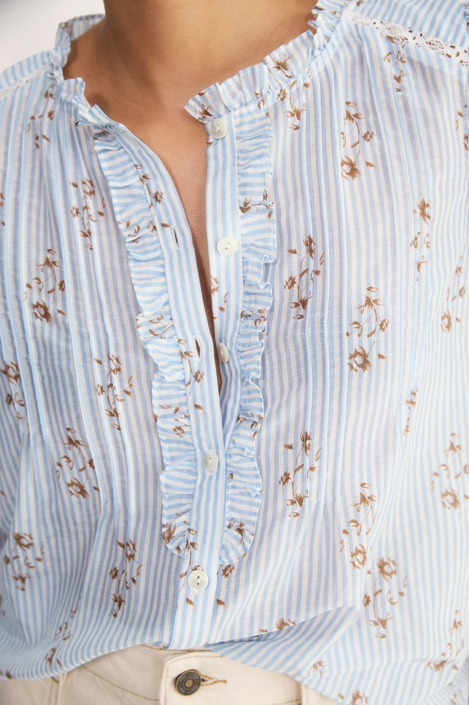 Riley Blouse - Blue/Ivory Stripe Floral