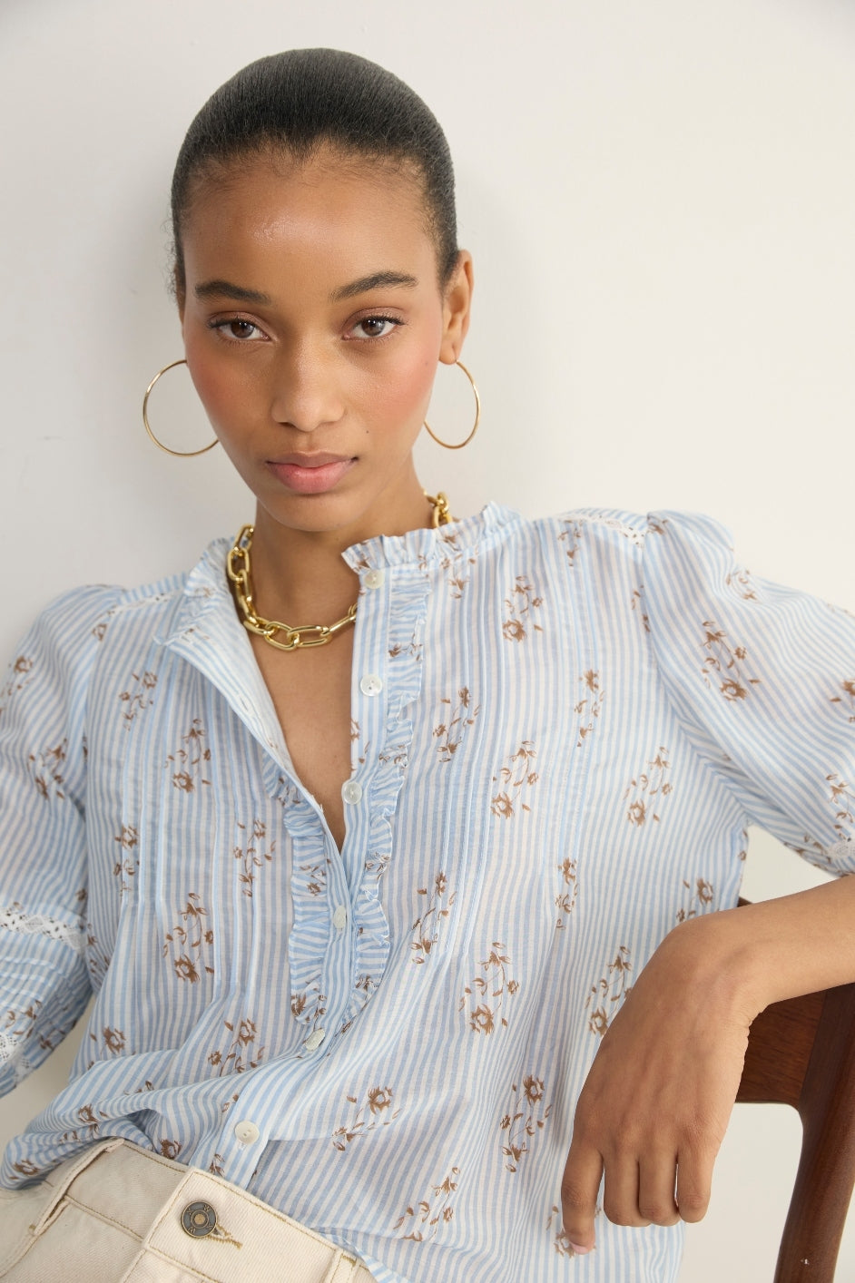 Riley Blouse - Blue/Ivory Stripe Floral