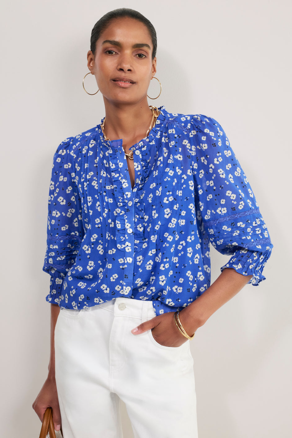 Riley Silk Blend Blouse - Cobalt Spaced Poppy
