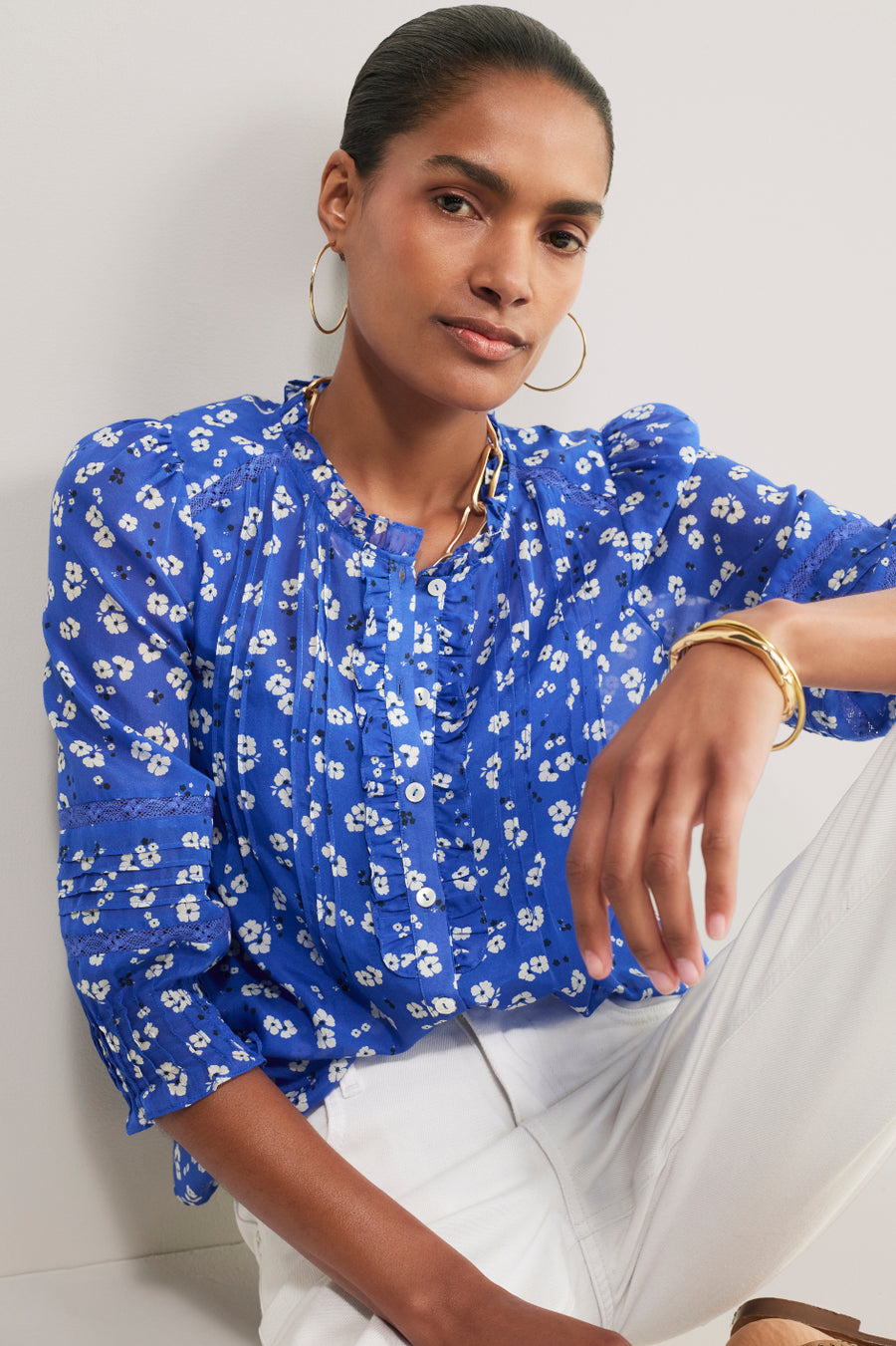 Riley Silk Blend Blouse - Cobalt Spaced Poppy
