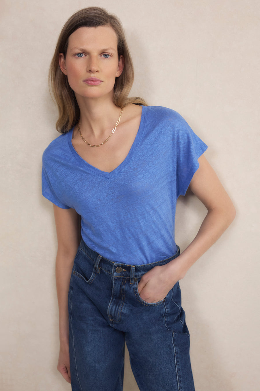 Chiara Linen V Neck Tee - Riviera Blue