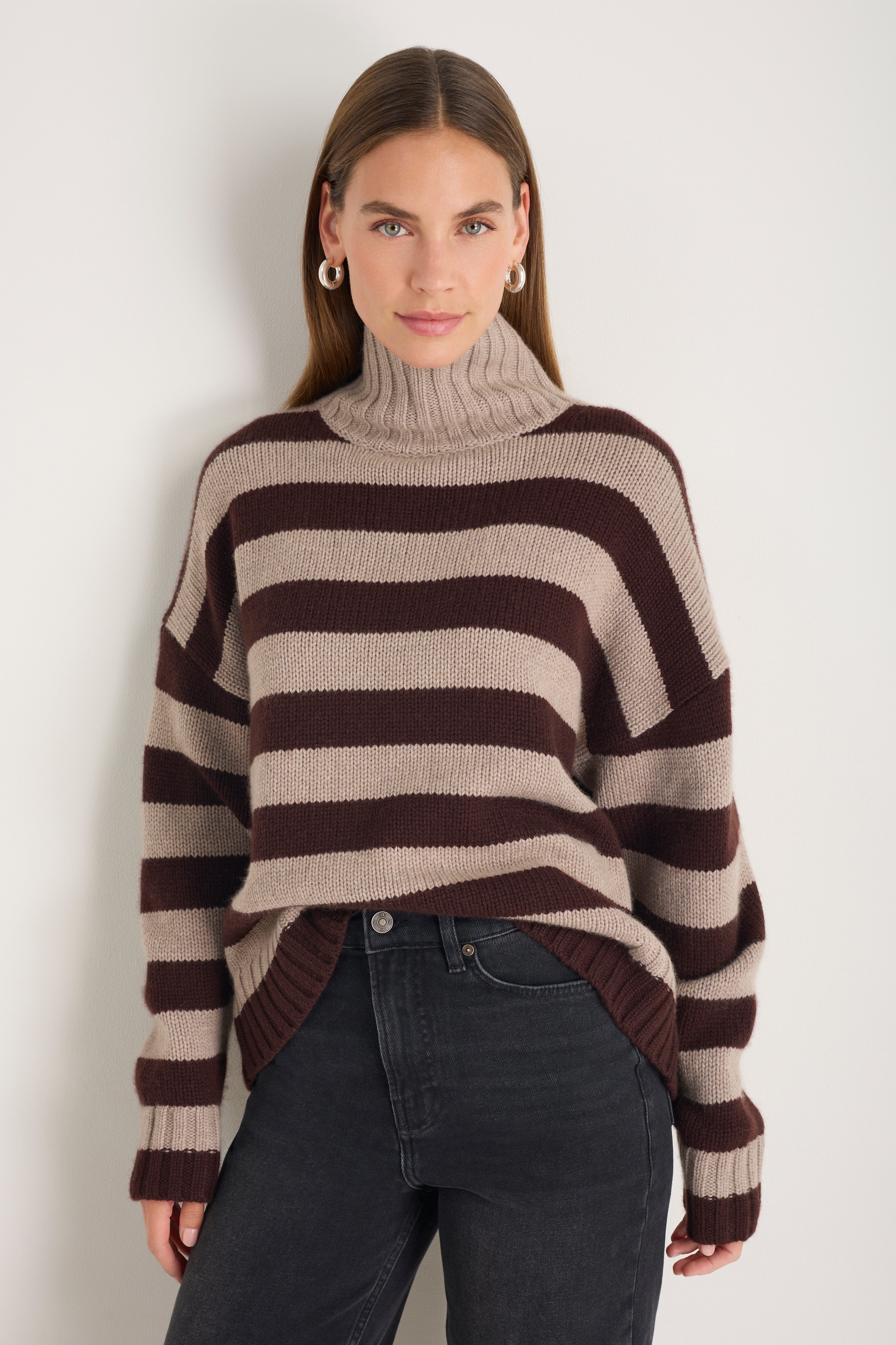 Liana Chunky Funnel Neck Jumper - Chocolate/Oat Stripe