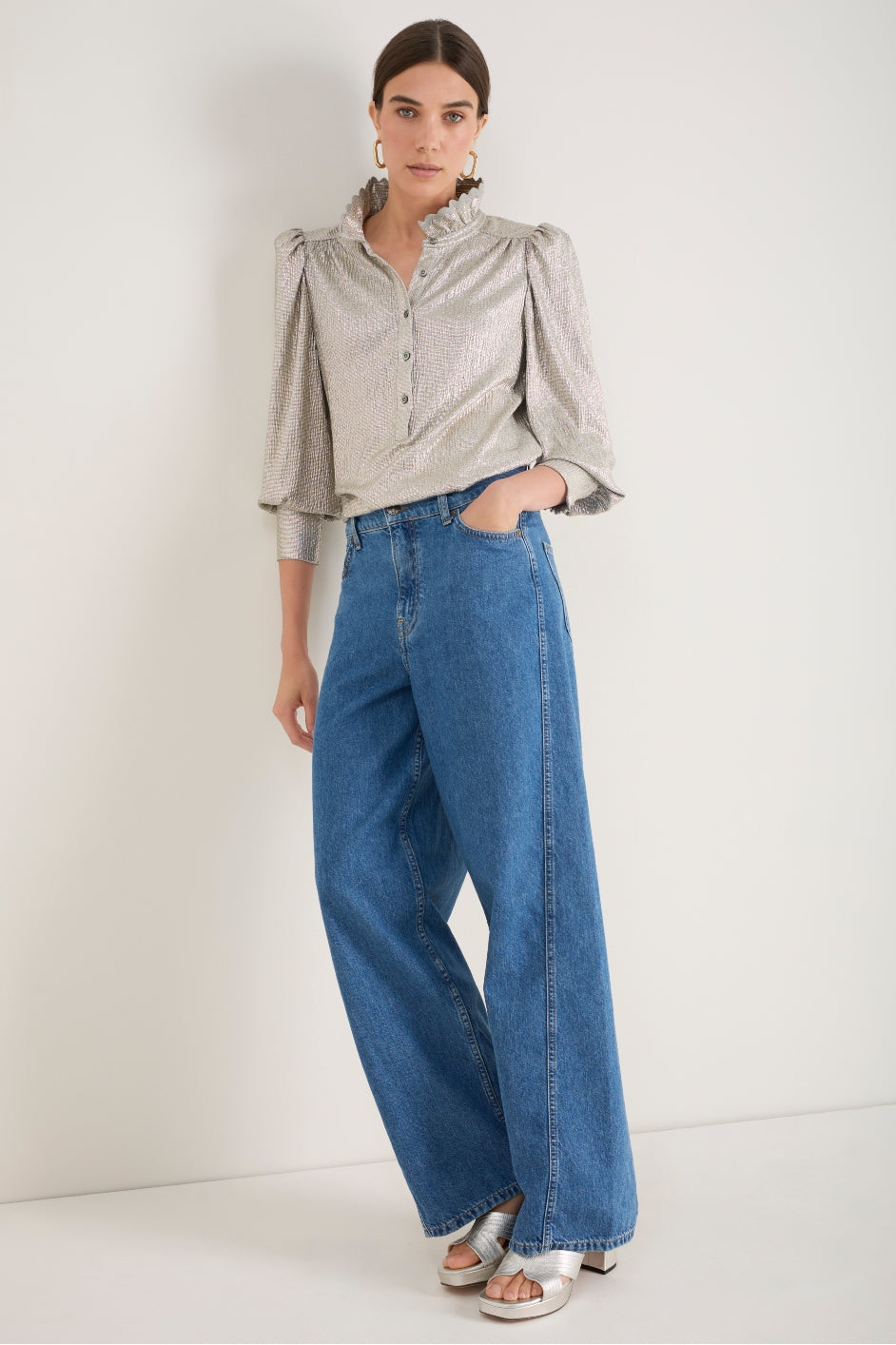 Sathony Metallic Frill Neck Top - Champagne