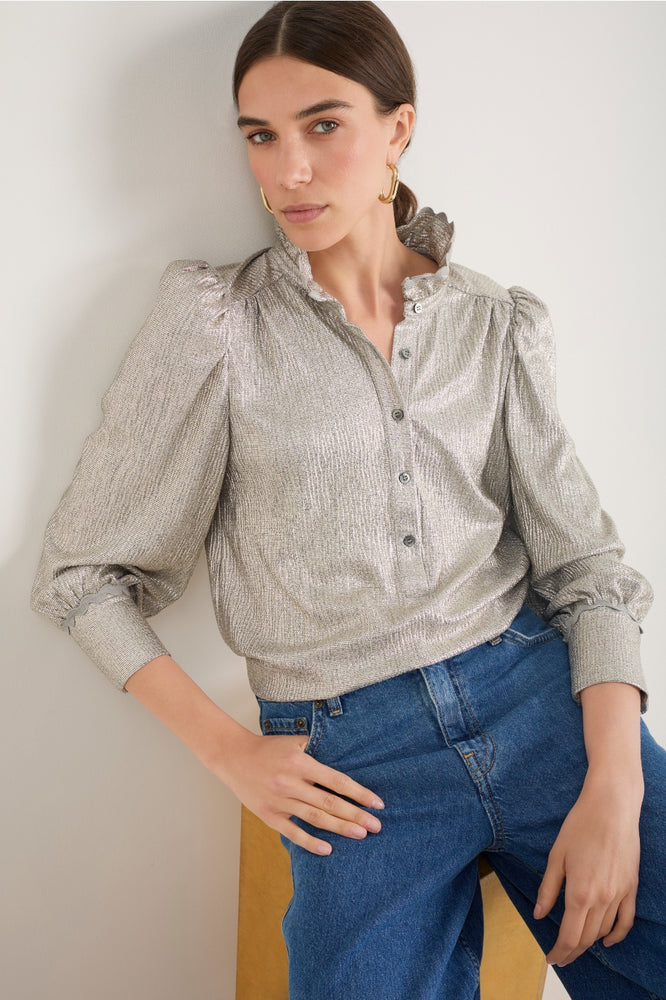 Sathony Metallic Frill Neck Top - Champagne