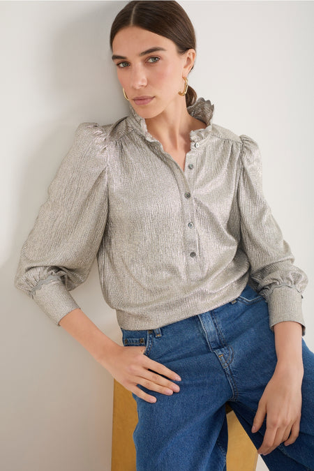 Sathony Metallic Frill Neck Top - Champagne