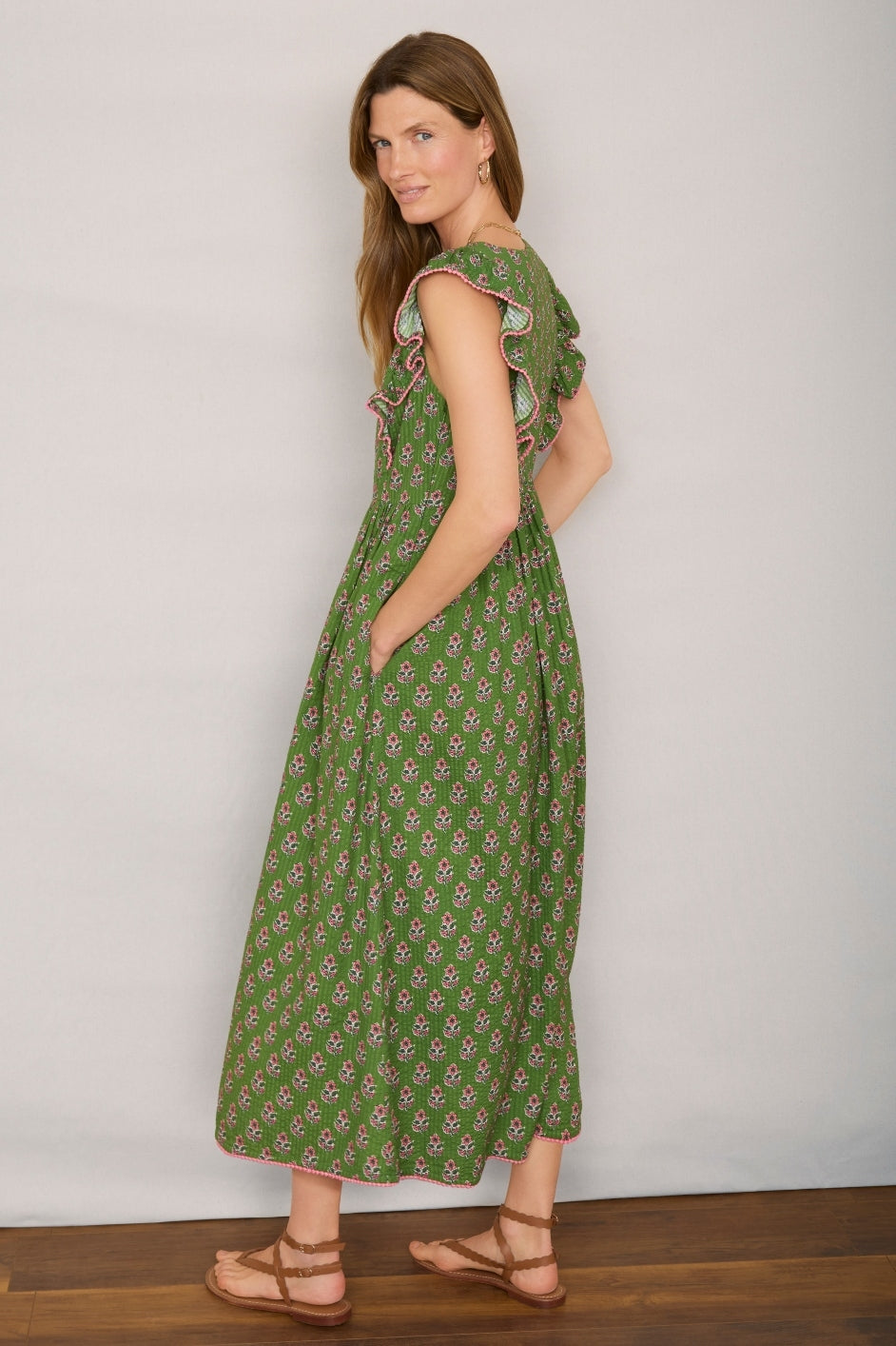 Simone Dress - Green Woodblock Print