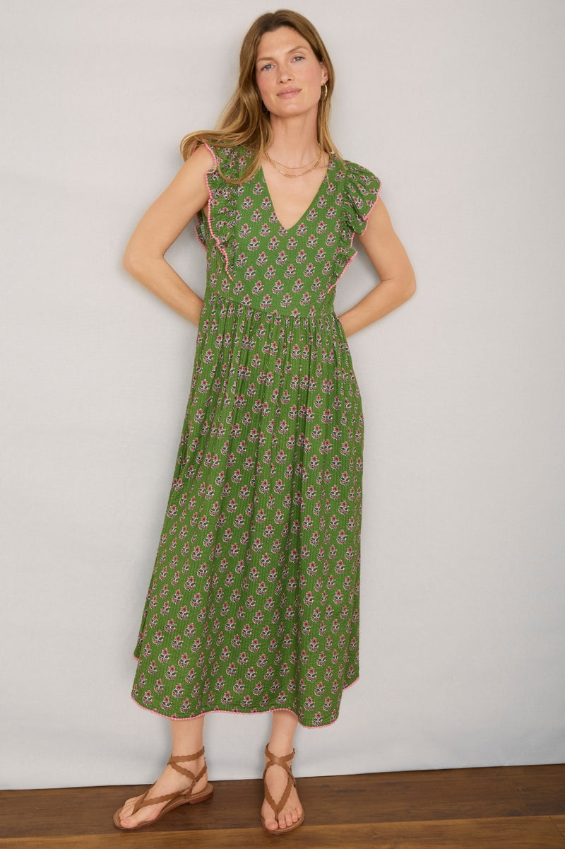 Simone Dress - Green Woodblock Print