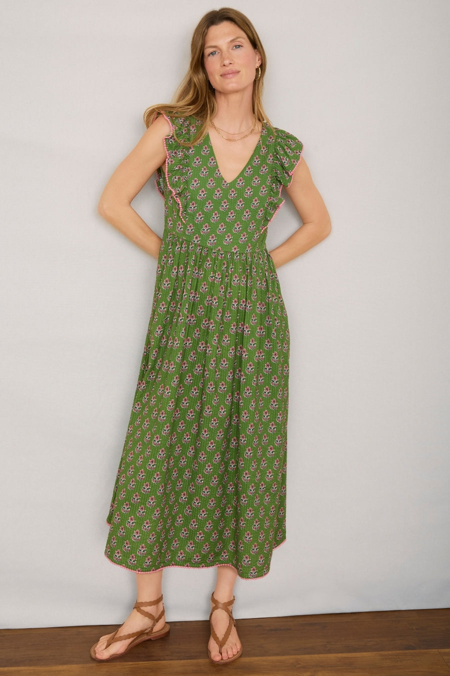 Simone Dress - Green Woodblock Print