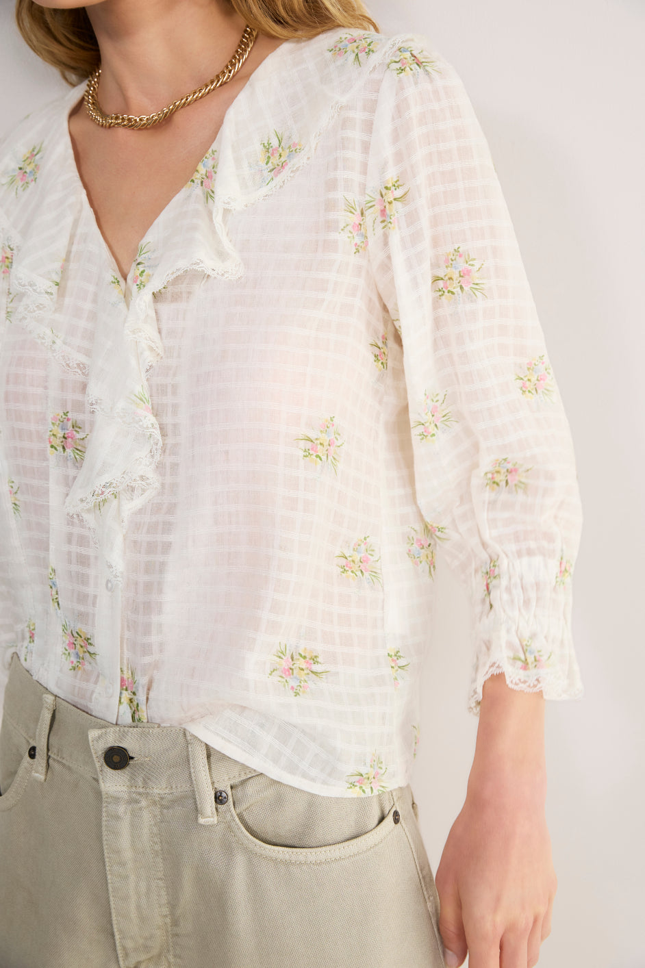 Stella Ruffle Blouse - Ivory Floral Cluster