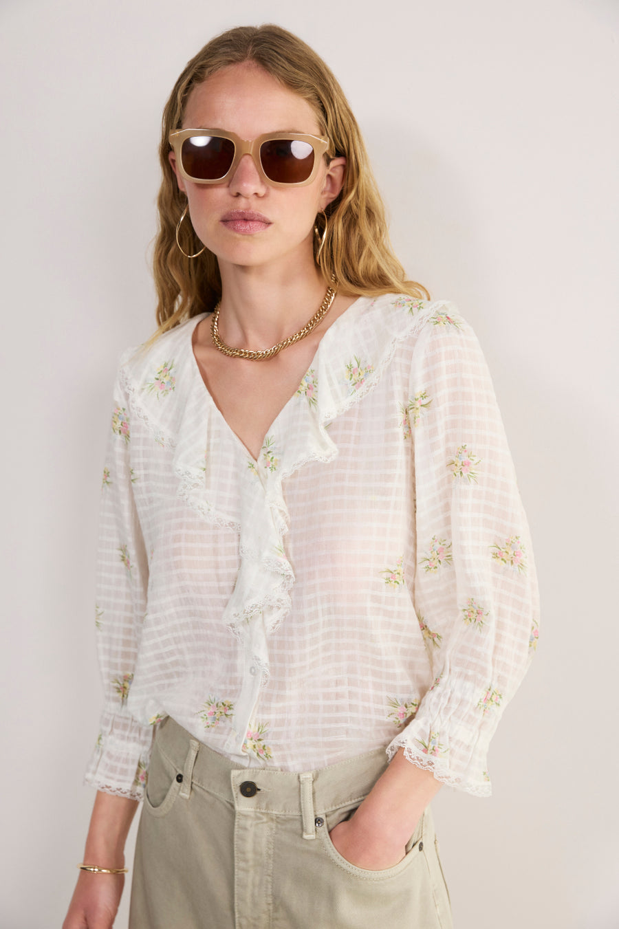 Stella Ruffle Blouse - Ivory Floral Cluster