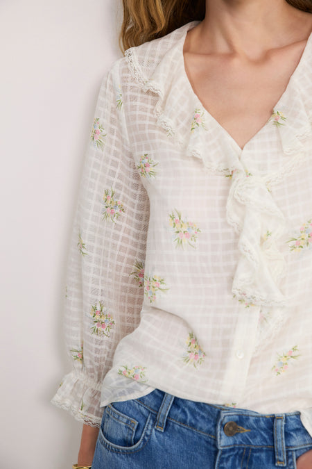 Stella Ruffle Blouse - Ivory Floral Cluster