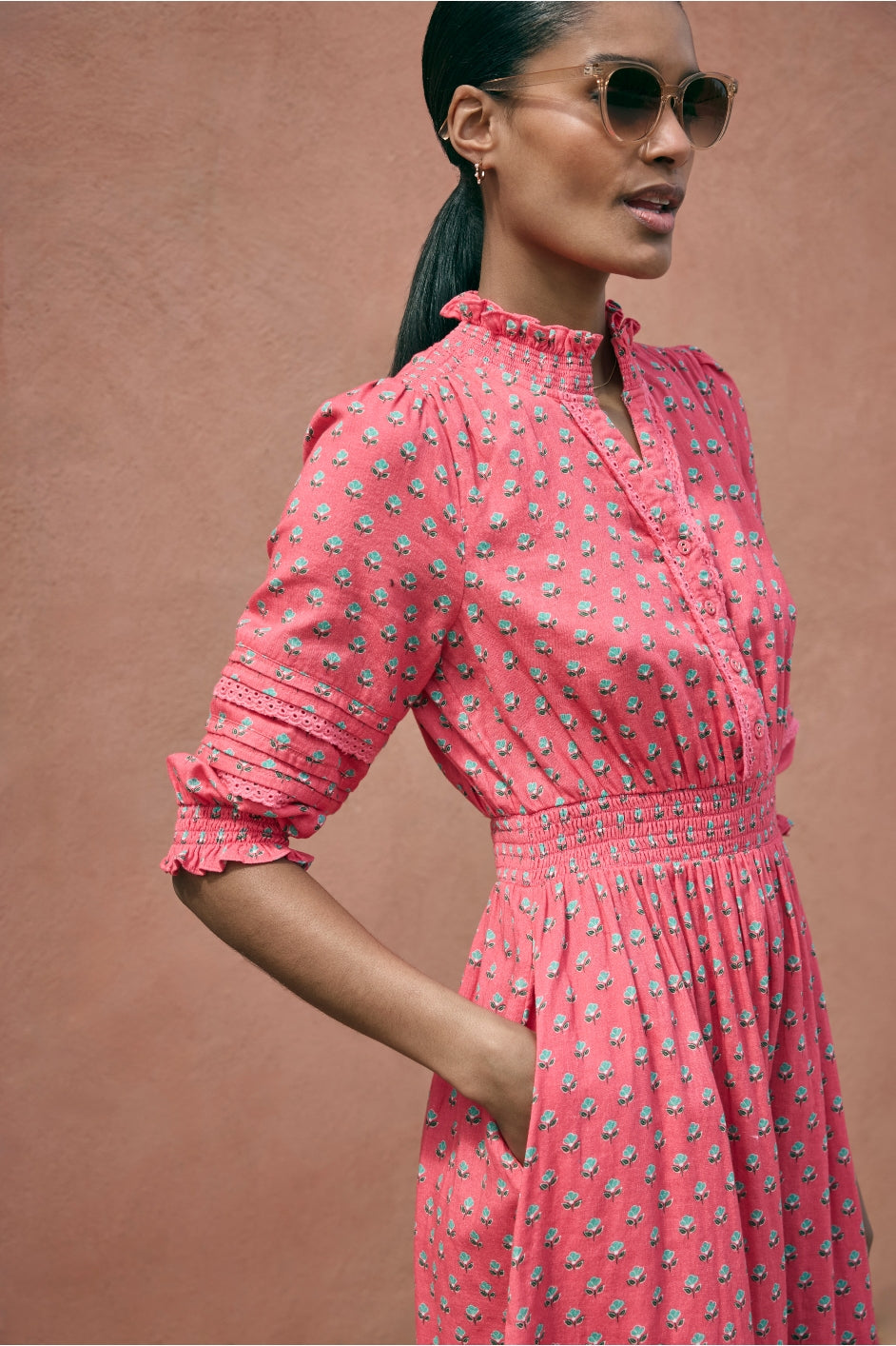 Alina Dress - Hibiscus Pink Woodblock