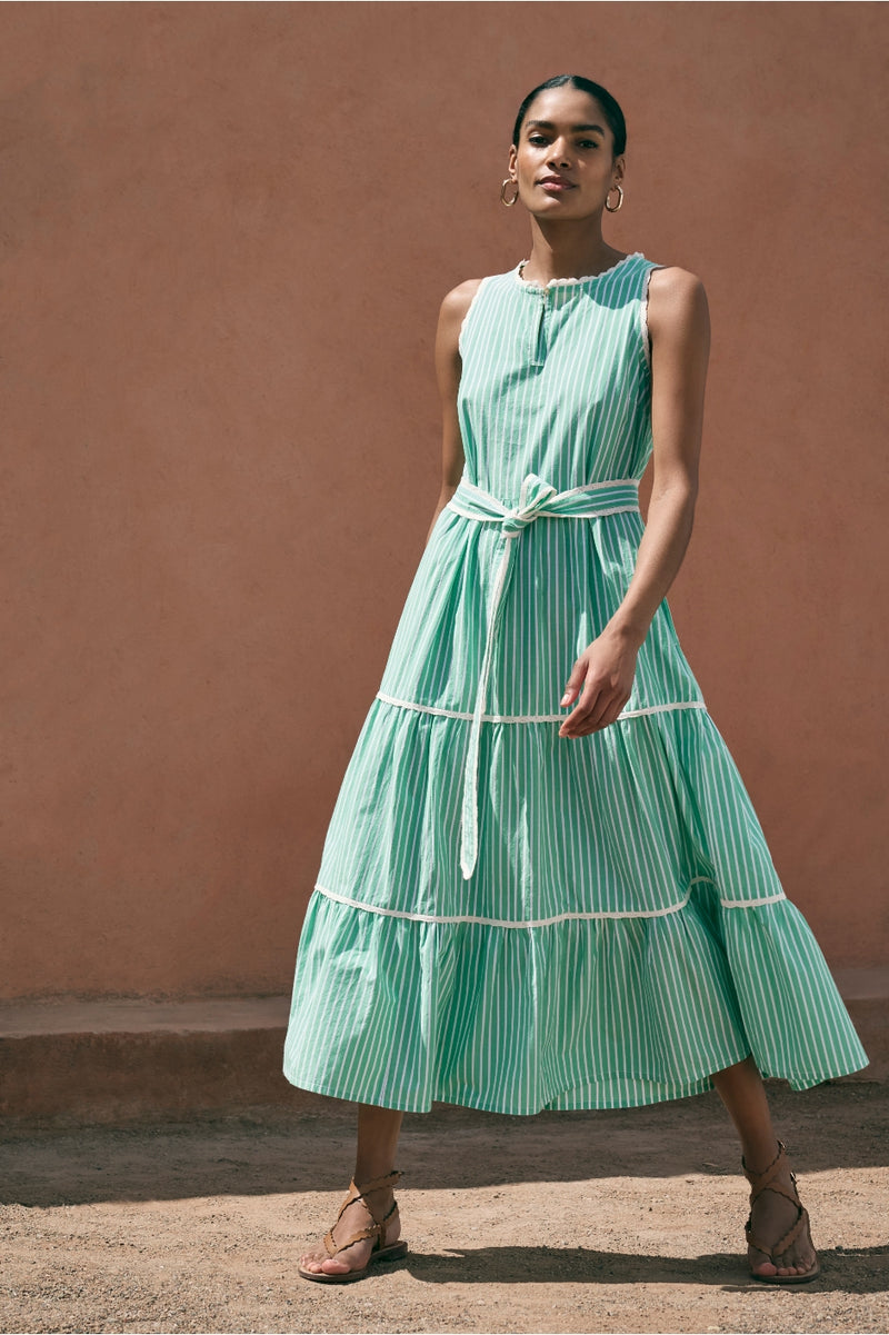Hallie Halterneck Dress - Green Stripe