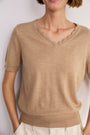 Fleurine V-Neck Short Sleeve Scallop Jumper - Camel