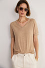 Fleurine V-Neck Short Sleeve Scallop Jumper - Camel