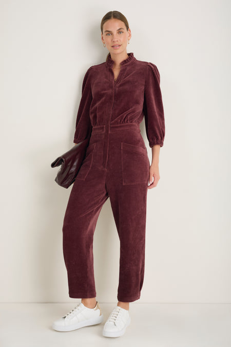 Zeena Cord Velour Jumpsuit - Deep Fig