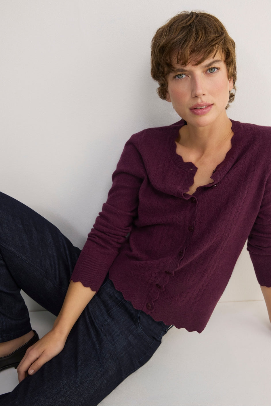 Zoe Pointelle Cardigan - Aubergine